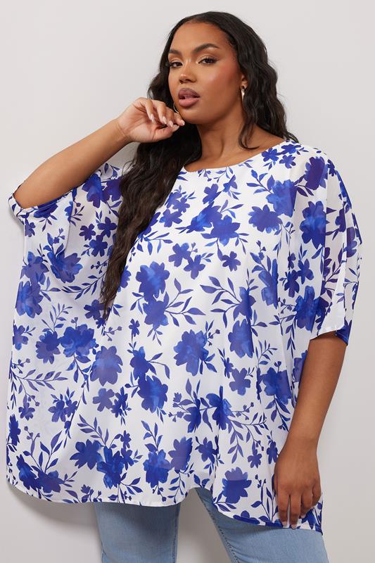 Yours London YOURS LONDON Curve Blue & White Floral Print Cape Blouse