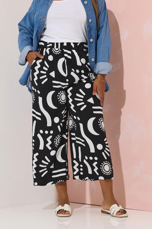 Yours YOURS Curve Black Abstract Print Wide Leg Cropped Trousers