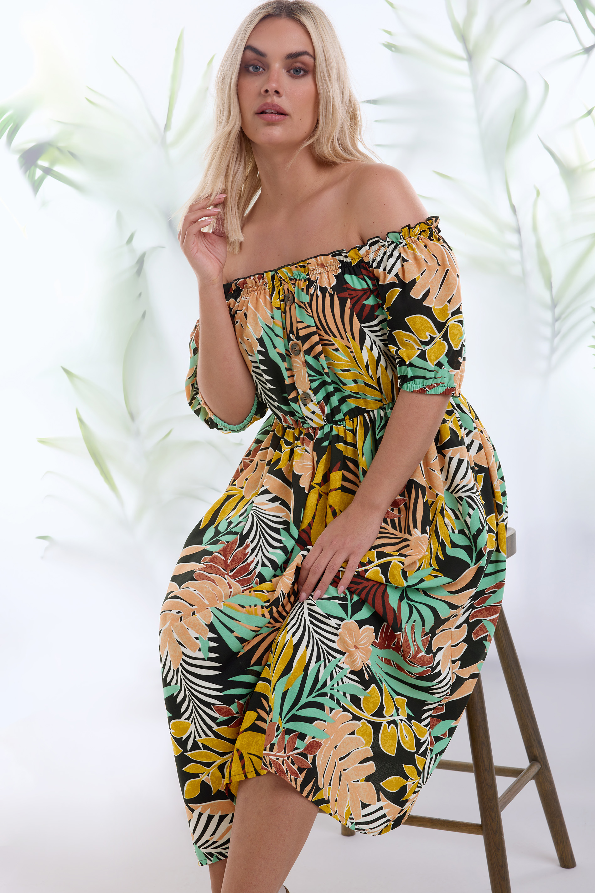 Yours YOURS Curve Black Tropical Print Bardot Midaxi Dress