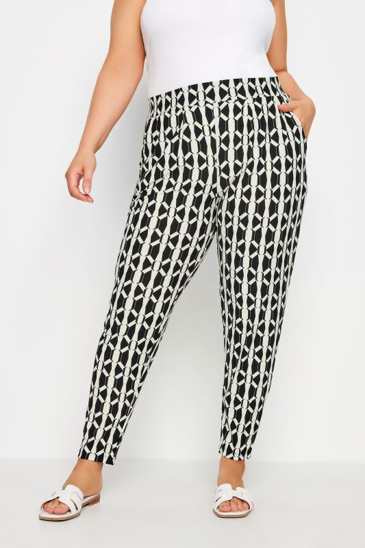 Yours YOURS Curve Black Geometric Print Double Pleat Harem Trousers