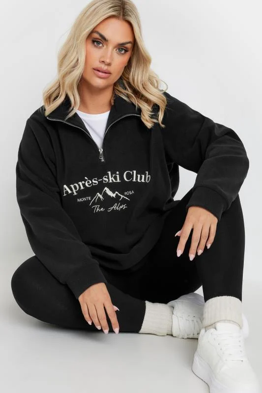 Yours YOURS Curve Black 'Apres-ski Club' Quarter Zip Fleece