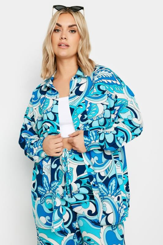 Yours YOURS Curve Blue Abstract Print Drawstring Wide Leg Trousers