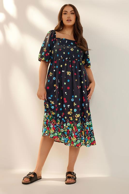 Yours Yours Curve Black Floral Border Print Shirred Midi Dress