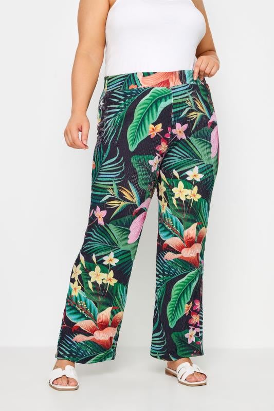 Yours YOURS Curve Green Tropical Print Wide Leg Trousers