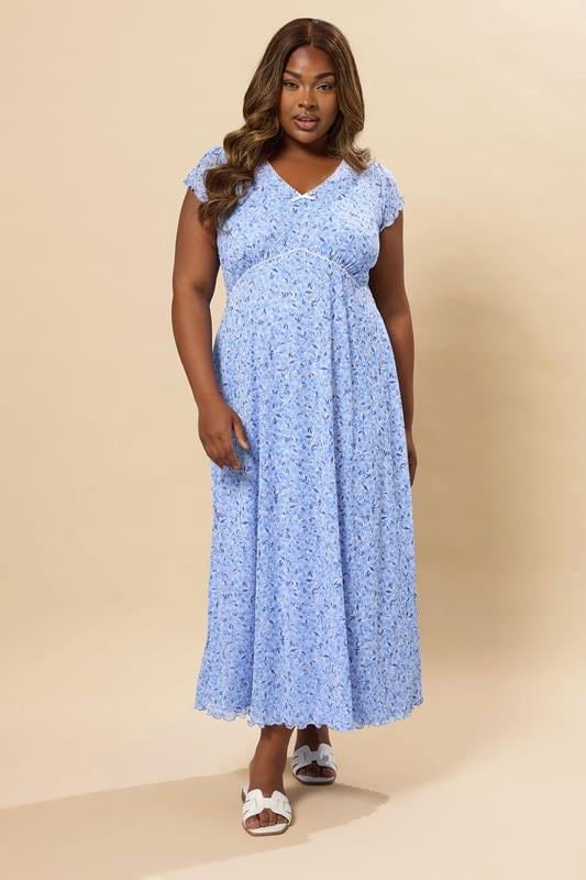 Yours YOURS Curve Blue Ditsy Floral Mesh A-Line Dress