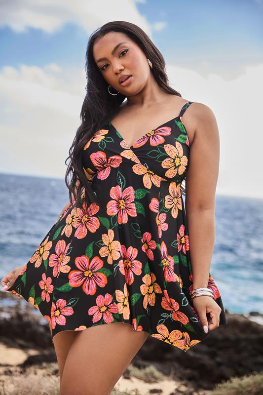 Yours YOURS Curve Black Floral Print Hanky Hem Swim Dress