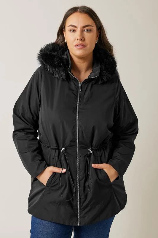Evans Evans Black Faux Fur Collared Lightweight Coat