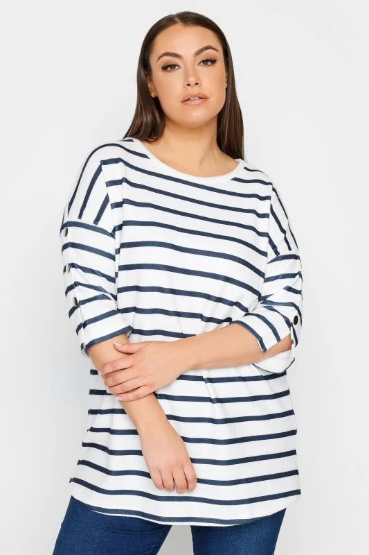 Yours YOURS Curve White & Blue Striped Soft Touch Button Top