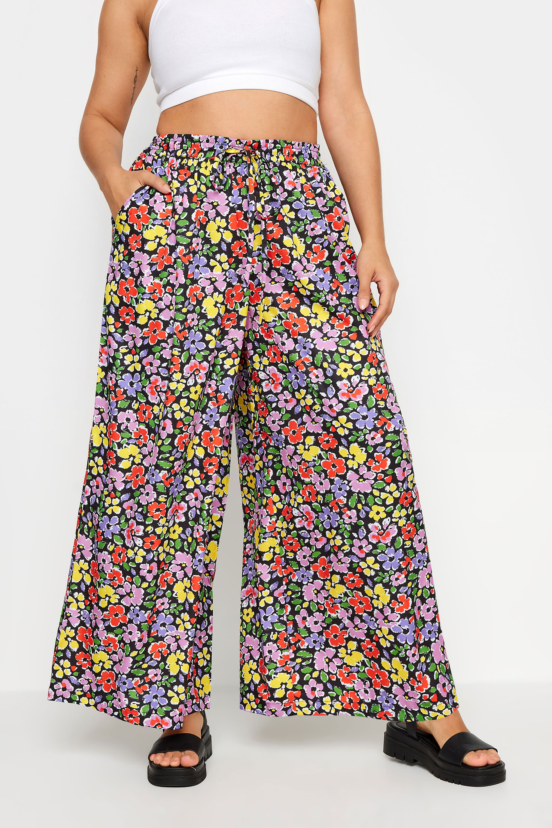 Yours YOURS Curve Pink & Red Ditsy Floral Drawstring Wide Leg Trousers