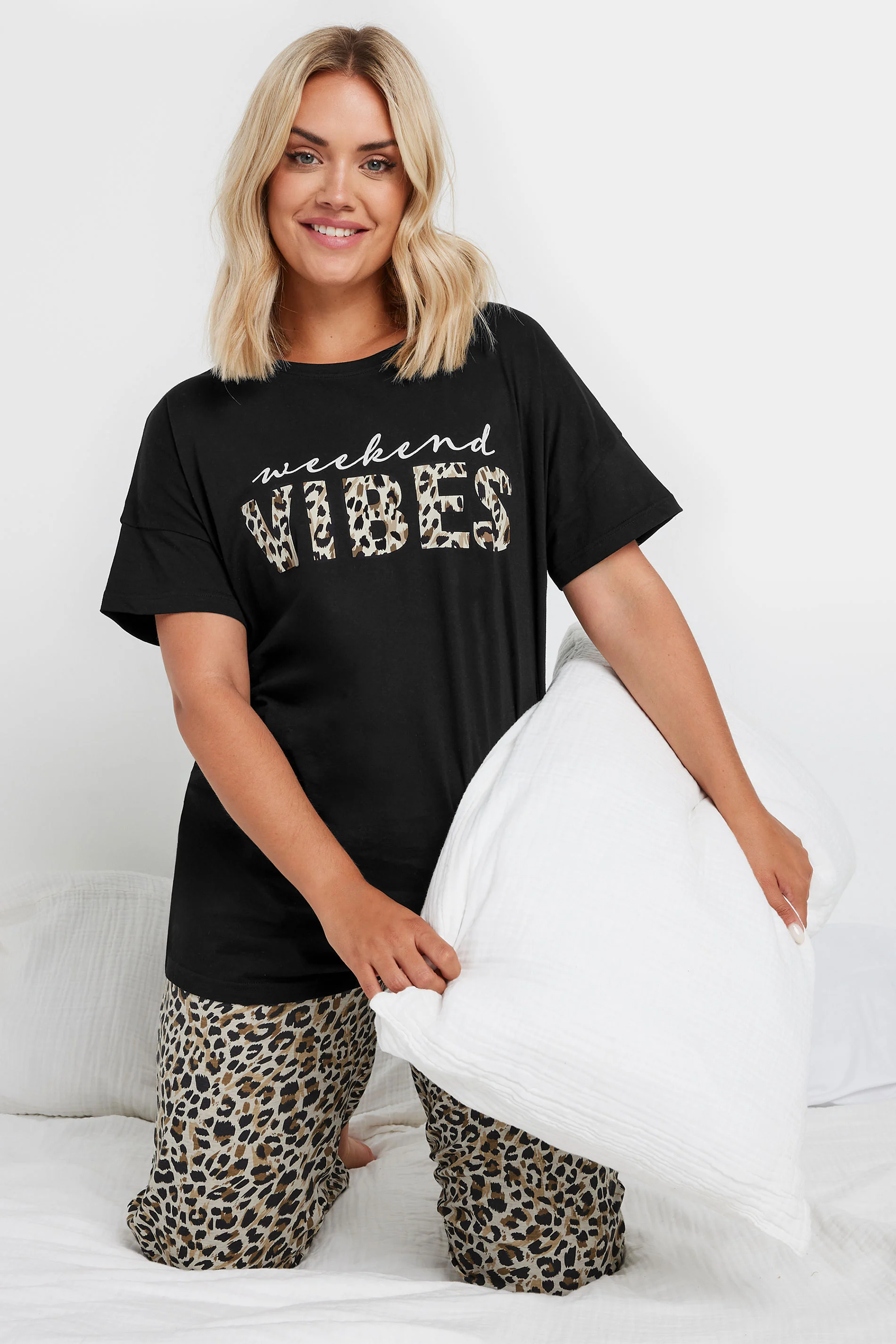 Yours YOURS Curve Black 'Weekend Vibes' Wide Leg Pyjama Set