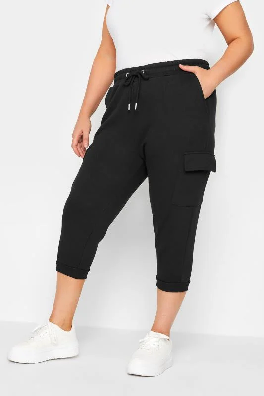 Yours YOURS Curve Black Cargo Pocket Cropped Joggers