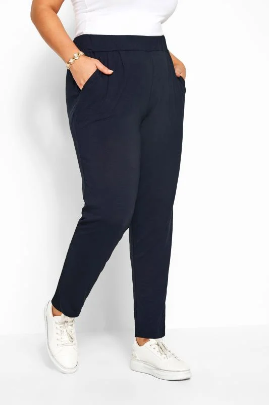 Yours YOURS Curve Navy Blue Double Pleat Stretch Jersey Joggers