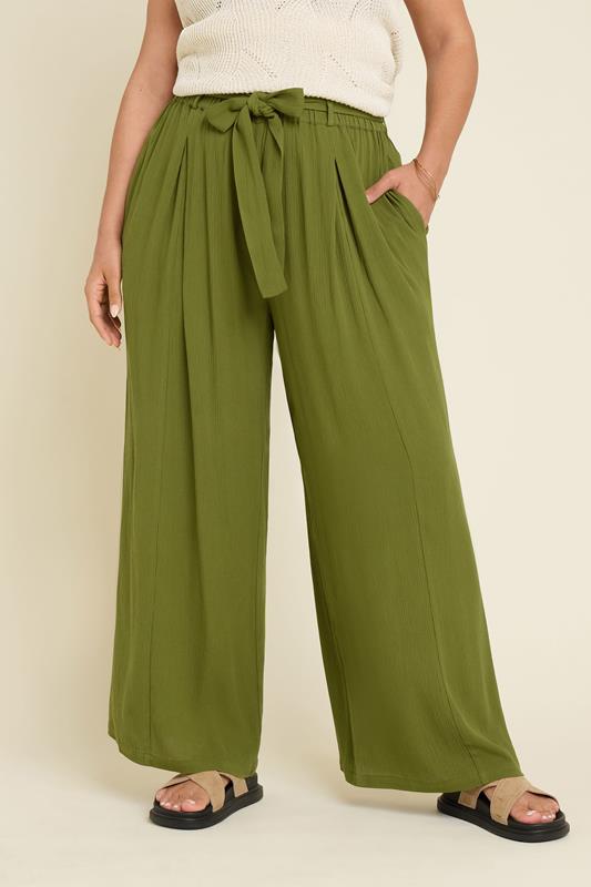 Yours YOURS Curve Green Tie Waist Crinkle Wide Leg Trousers