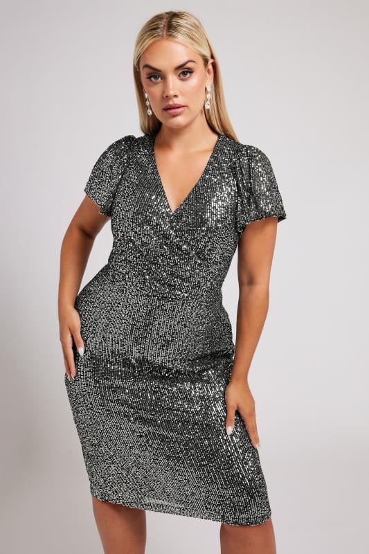 Yours London YOURS LONDON Curve Silver Sequin Embellished Wrap Dress