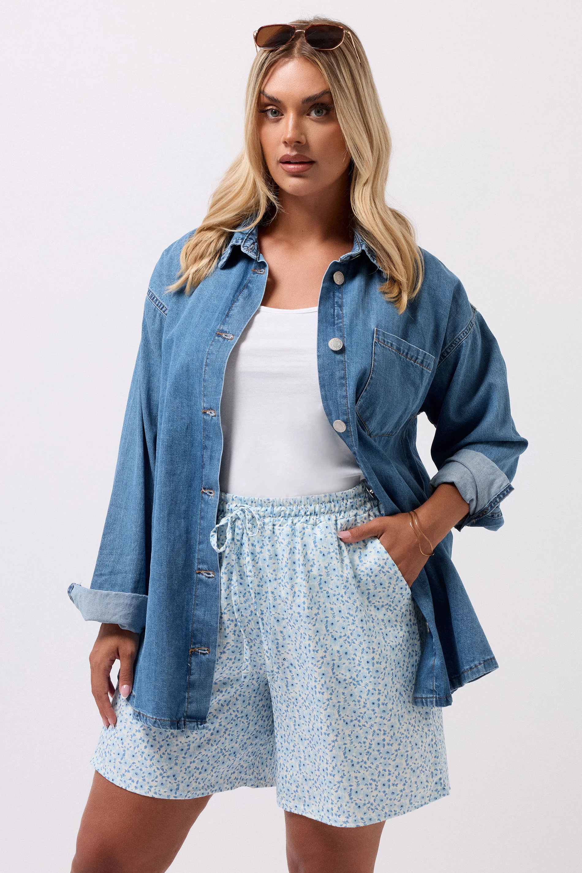 Yours YOURS Curve Blue Ditsy Floral Textured Shorts
