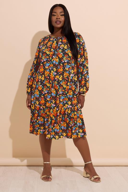 Yours YOURS Curve Black & Orange Floral Tie Neck Tiered Midi Dress