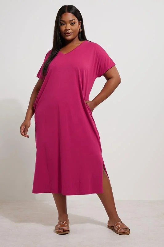 Yours YOURS Curve Pink Grown On Sleeve Midi Dress