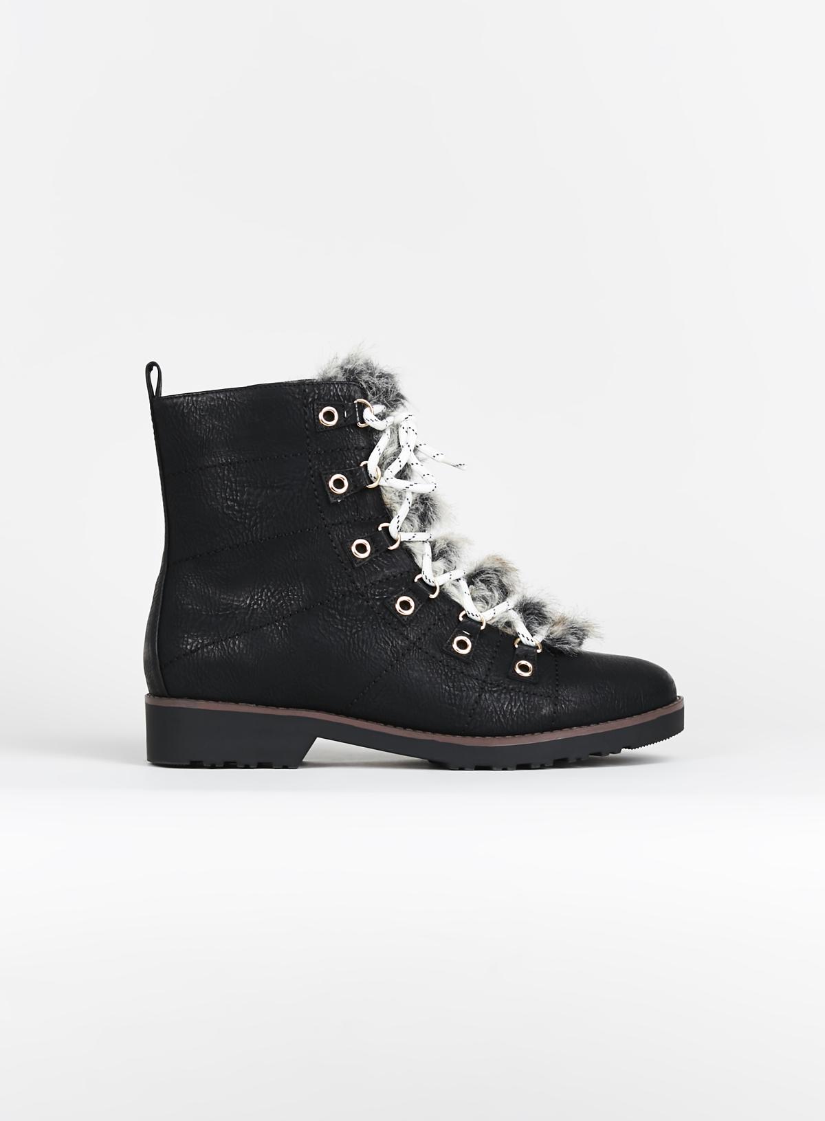 Evans Evans Black WIDE FIT Faux Fur Hiker Boot