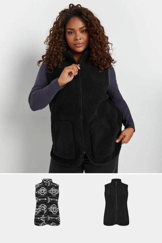 Yours YOURS Curve 2 PACK Black Aztec Print Teddy Borg Gilets