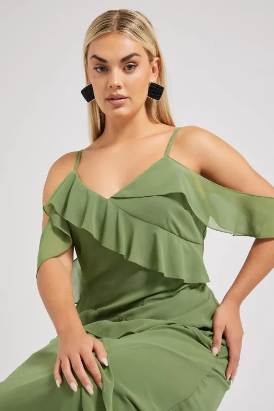Yours London YOURS LONDON Curve Olive Green Ruffle Cold Shoulder Dress