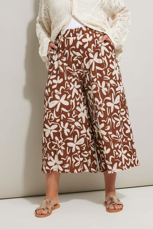 Yours YOURS Curve Brown Floral Print Textured Midaxi Culottes