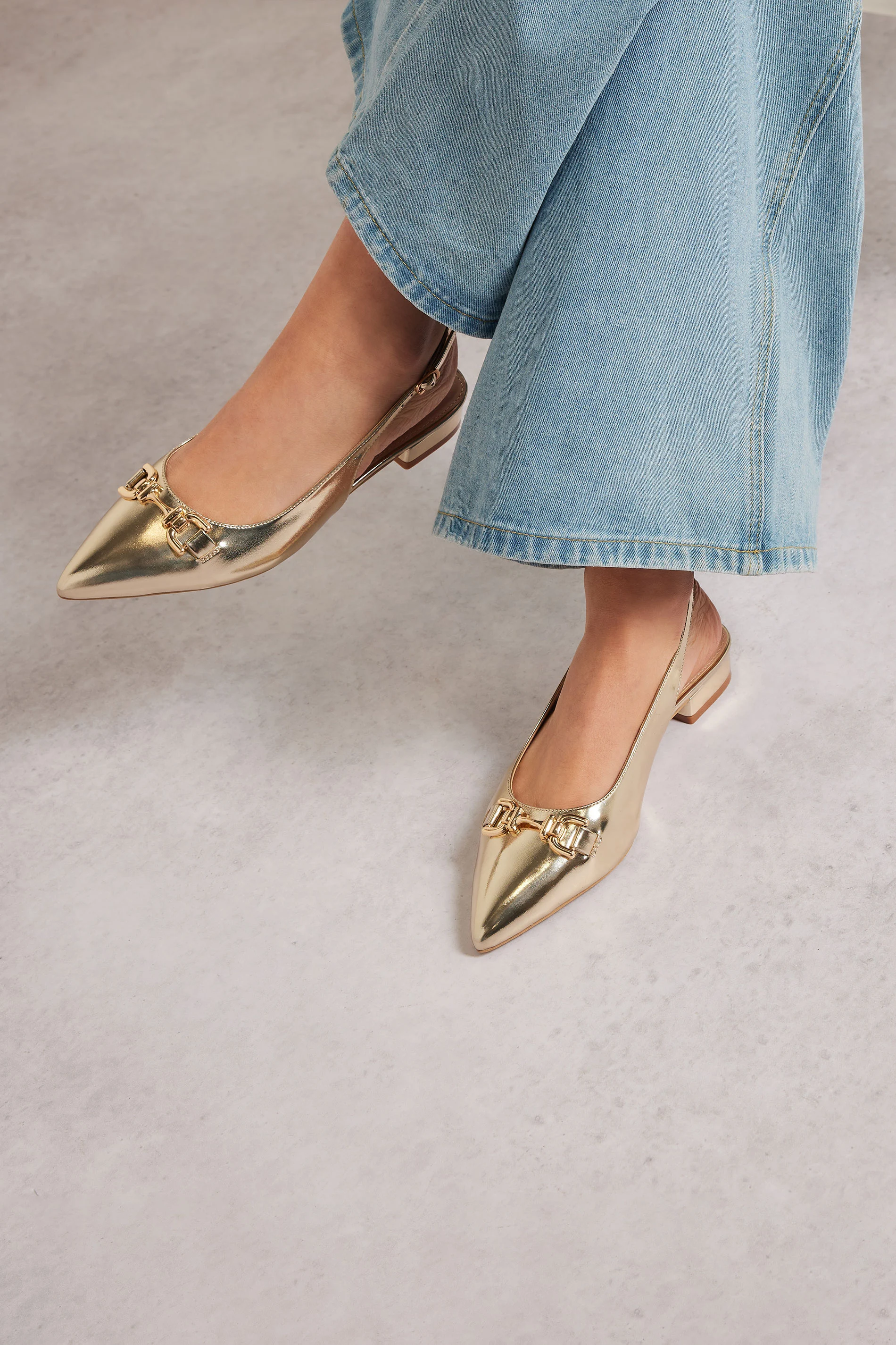 LTS LTS Gold Metal Buckle Slingback Flats In Standard Fit