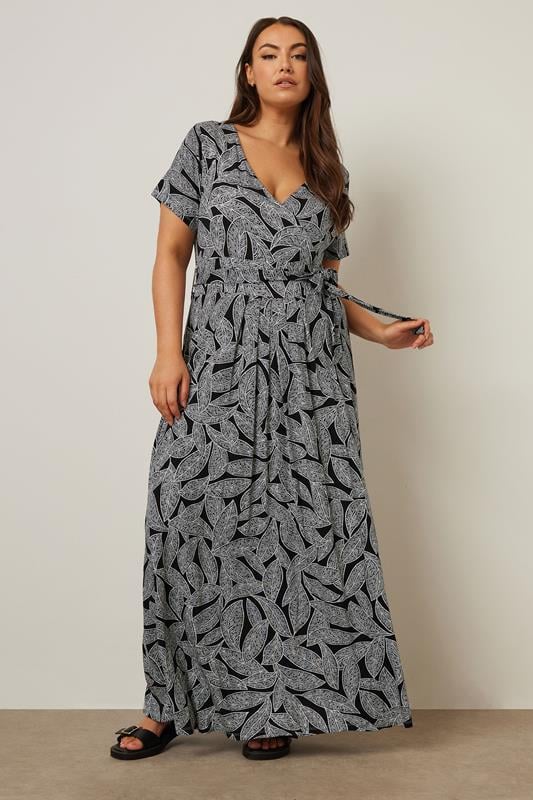 Yours YOURS Curve Black Leaf Print Tie Maxi Dress