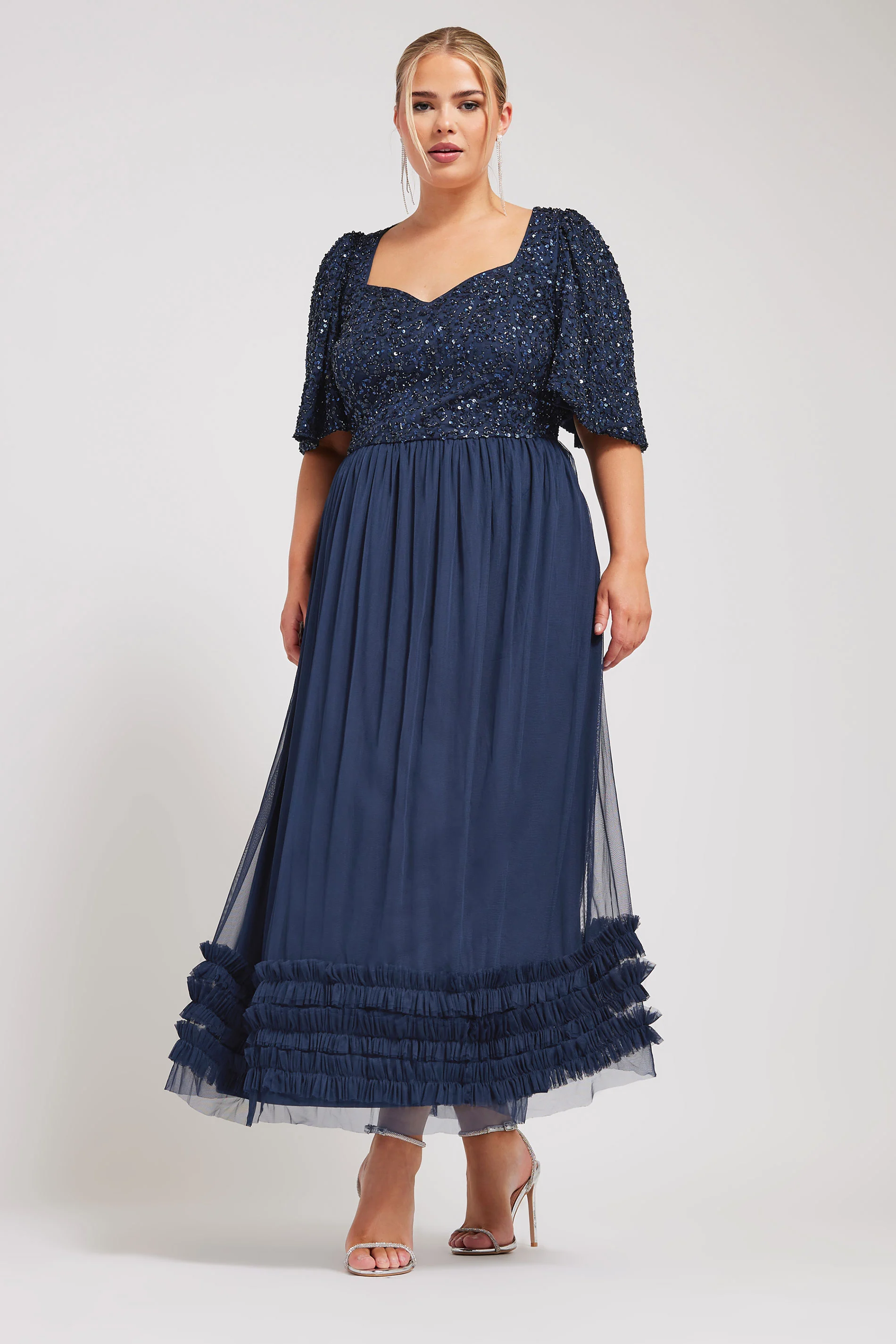 Luxe: Ultimate Embellishment LUXE Curve Navy Blue Sequin Sweetheart Ruffle Maxi Dress