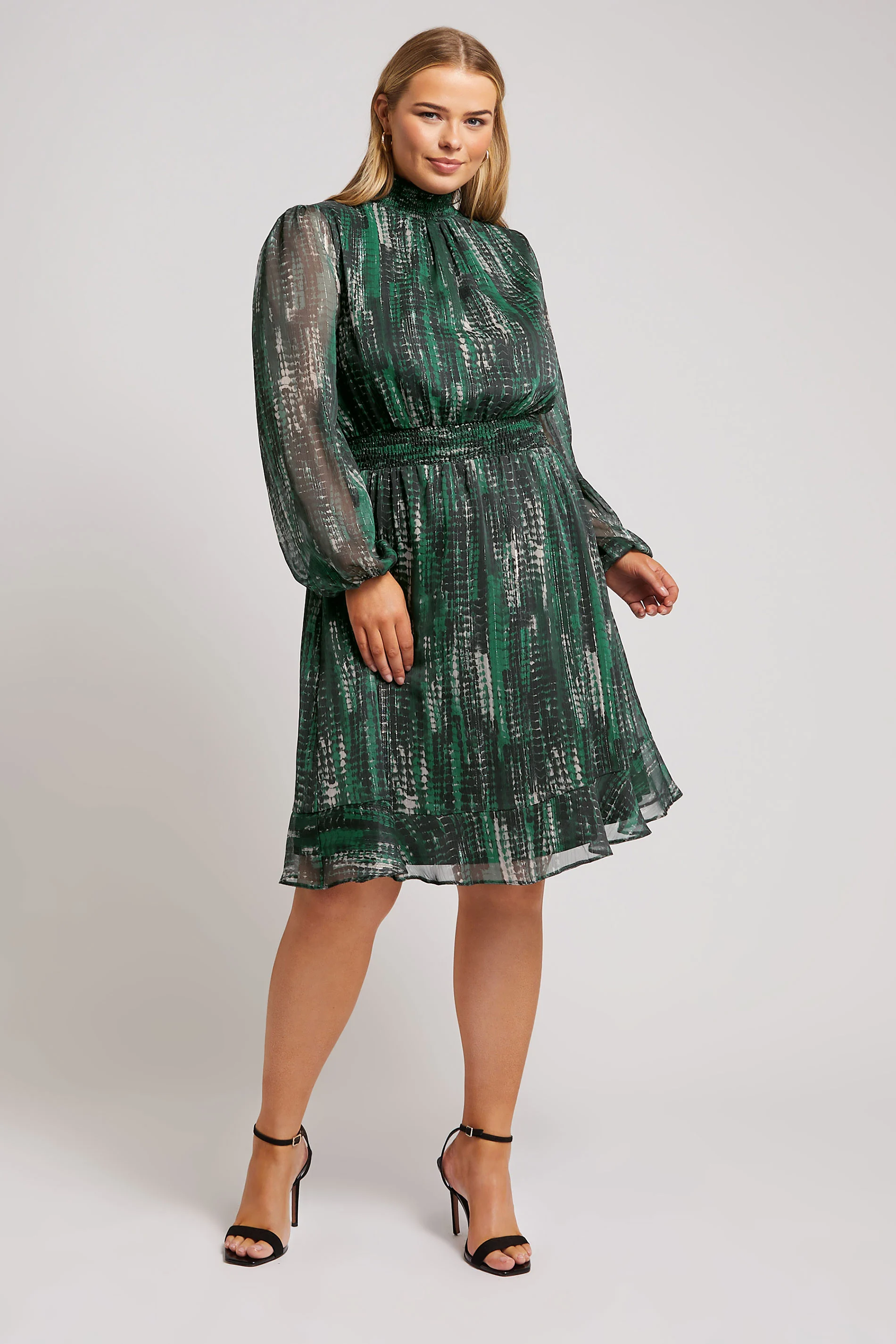 Yours London YOURS LONDON Curve Green Abstract Print Metallic Collared Dress
