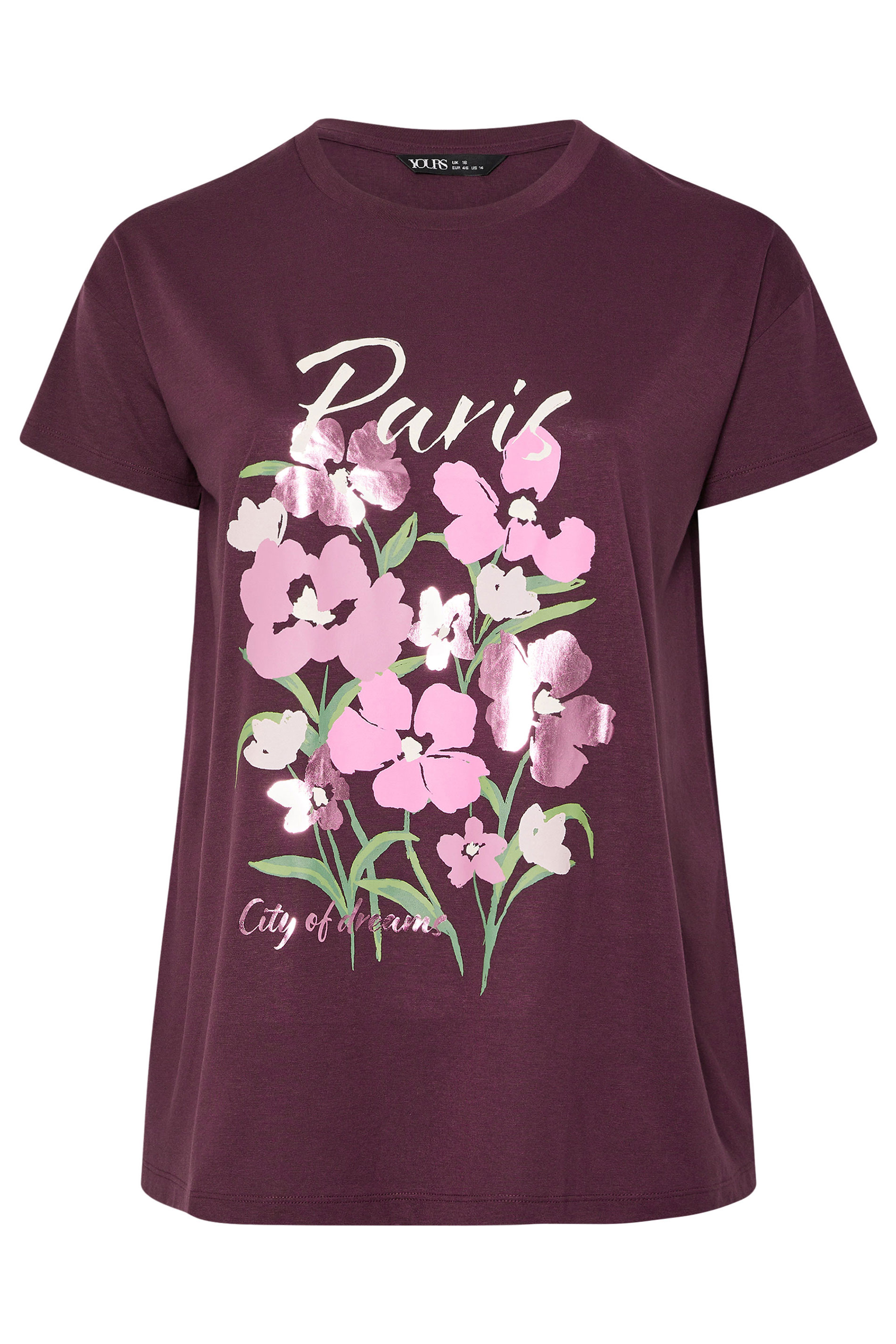 Yours YOURS Curve Purple 'Paris' Floral Graphic T-Shirt