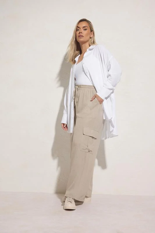 Yours YOURS Curve Natural Brown Linen Cargo Trousers