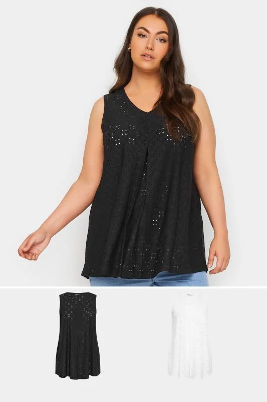 Yours 2 PACK Black & White Broderie Anglaise Swing Vest Tops