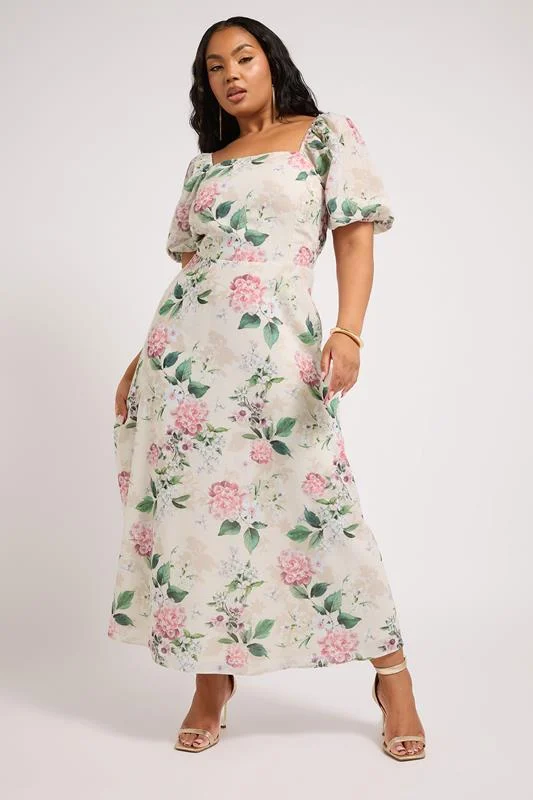 Yours London YOURS LONDON Curve Ivory White Floral Print Linen Look Midaxi Dress