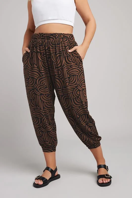 Yours YOURS Curve Brown Abstract Print Cropped Harem Joggers