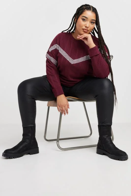 Yours YOURS Curve Burgundy Red Ribbed Chevron Stud Jumper