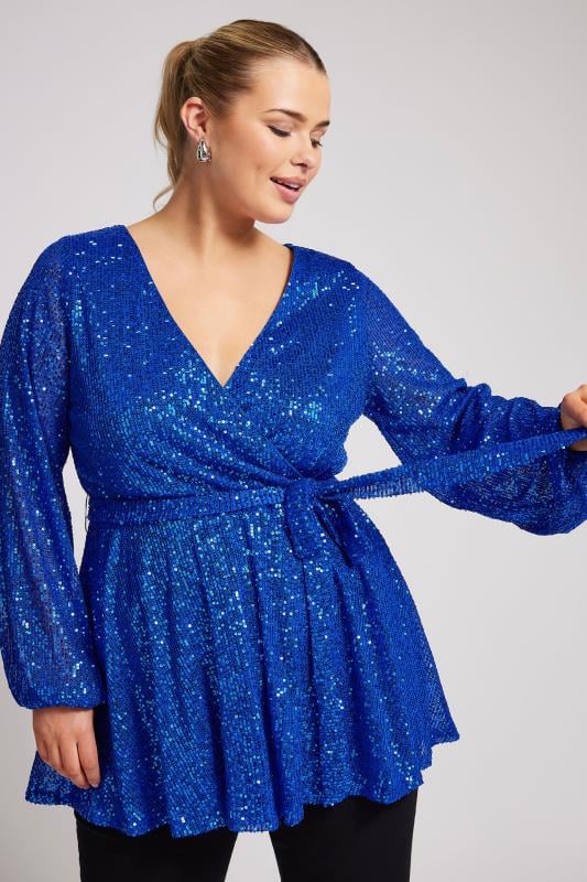 Yours London YOURS LONDON Curve Blue Sequin Wrap Top