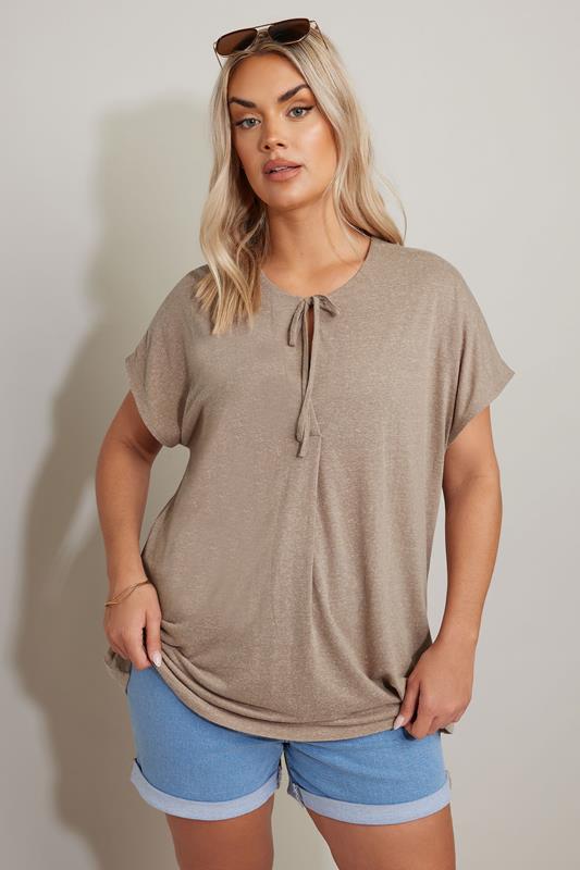 Yours YOURS Curve Natural Brown Linen Marl Tie Front Top