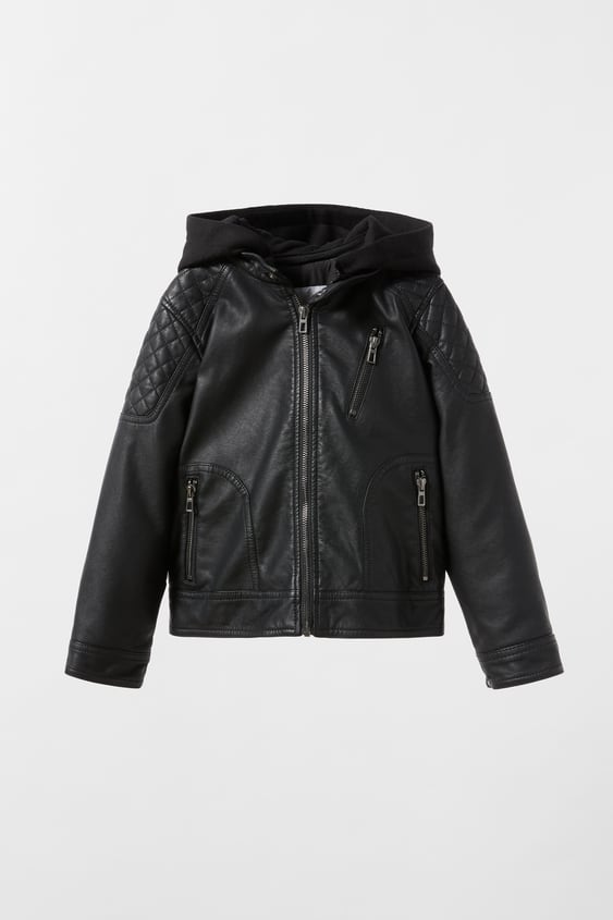 REMOVABLE HOOD FAUX LEATHER JACKET