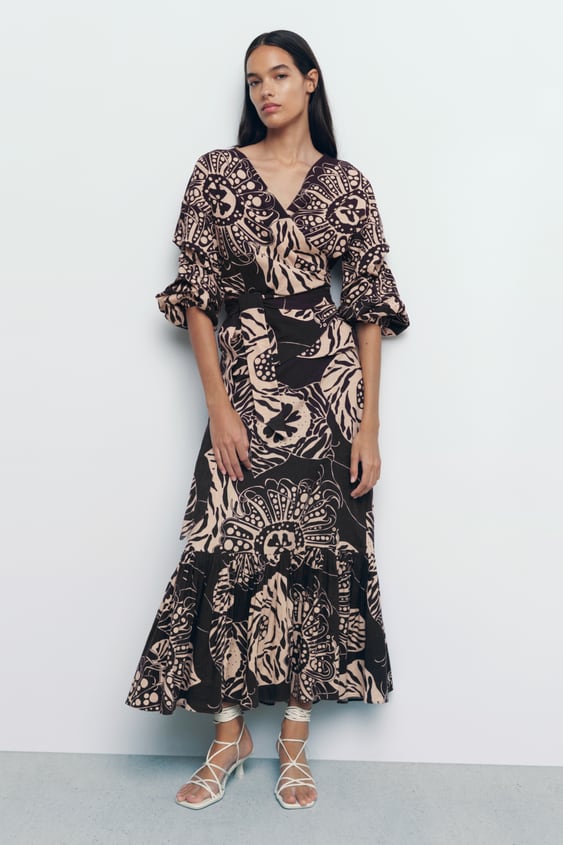 LINEN BLEND LONG PRINTED SKIRT