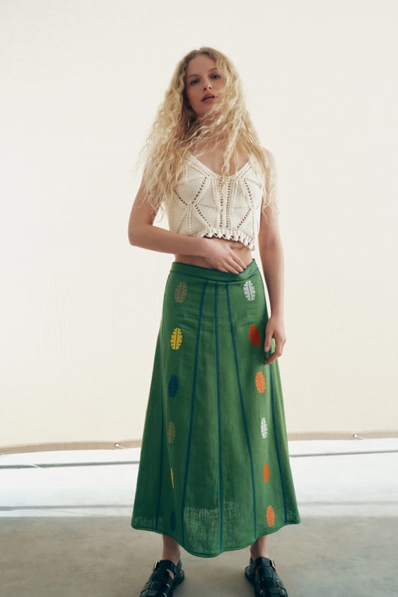 EMBROIDERED LINEN BLEND LAYERED SKIRT