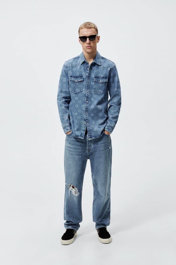 GEOMETRIC PRINT DENIM OVERSHIRT
