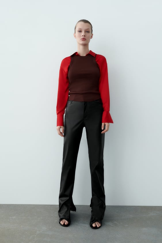 FAUX LEATHER FLARED SLIM PANTS