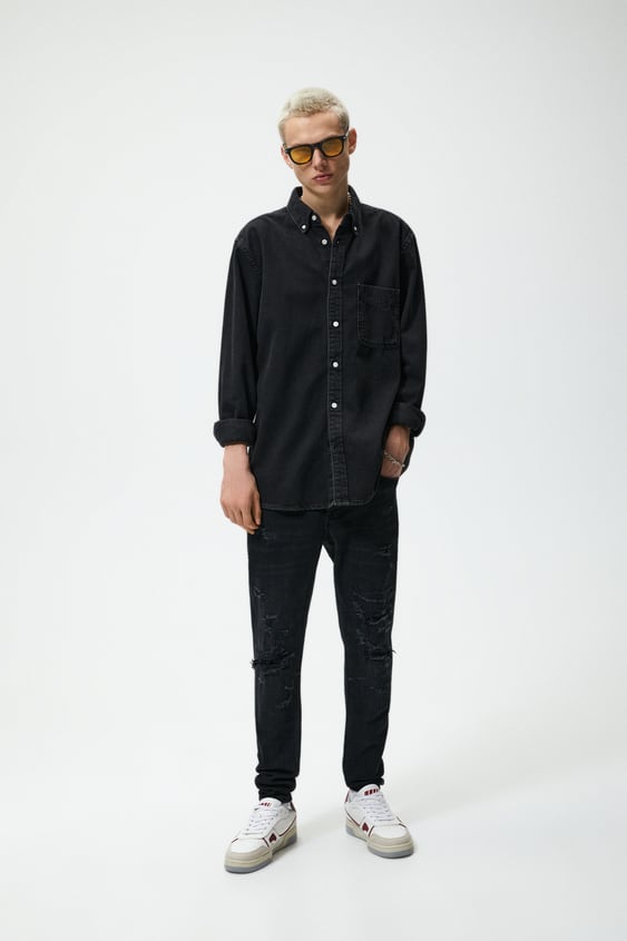 TOPSTITCHED RIPPED JEANS