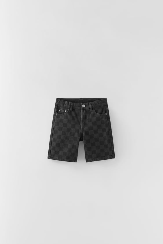 CHECKERBOARD DENIM SHORTS