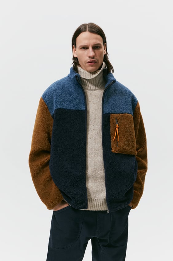 BLOCK COLOR FAUX SHEARLING JACKET