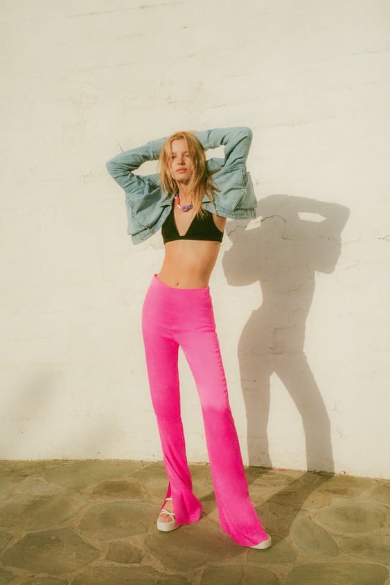 SATIN EFFECT FULL LENGTH FLARE PANTS