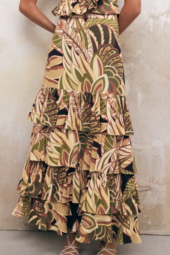 LINEN BLEND RUFFLED PRINTED SKIRT