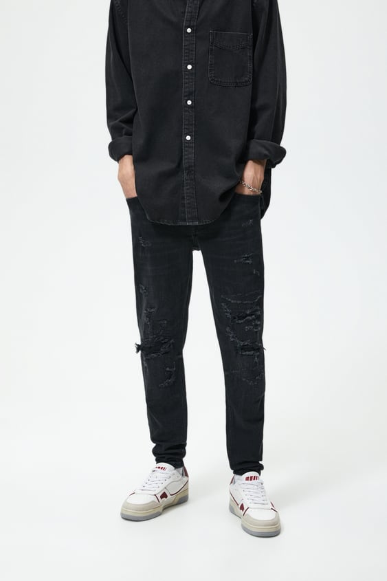 TOPSTITCHED RIPPED JEANS