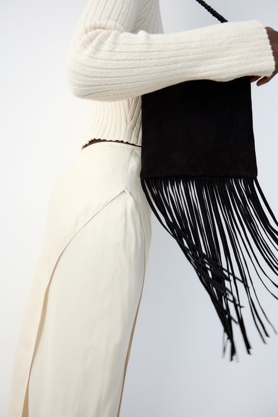 FRINGED SPLIT LEATHER CROSSBODY BAG