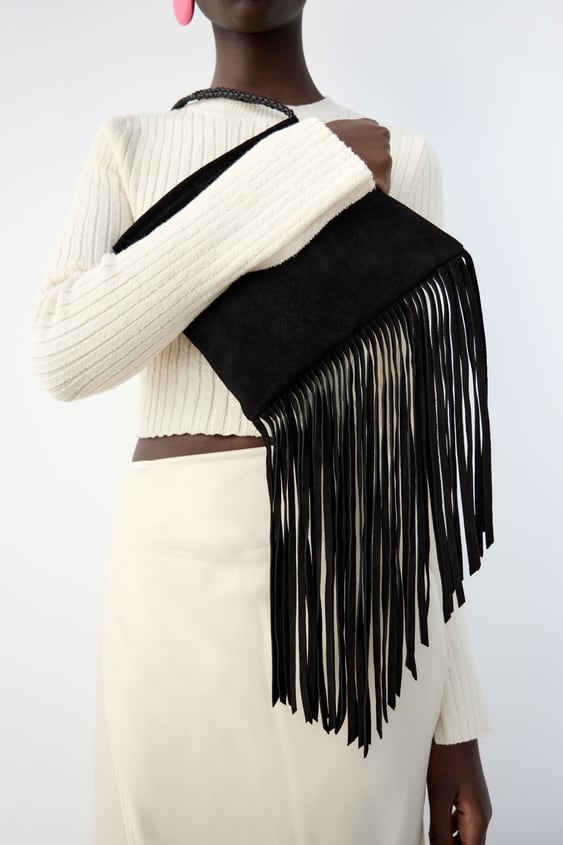 FRINGED SPLIT LEATHER CROSSBODY BAG